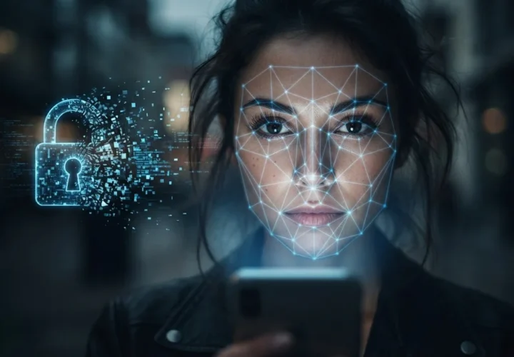 Reconhecimento facial em celular e cadeado digital se desfazendo (imagem gerada por IA)