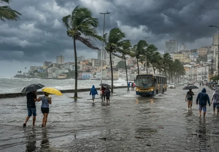Chuva forte e vento em orla de cidade baiana (imagem ilustrativa gerada por IA)