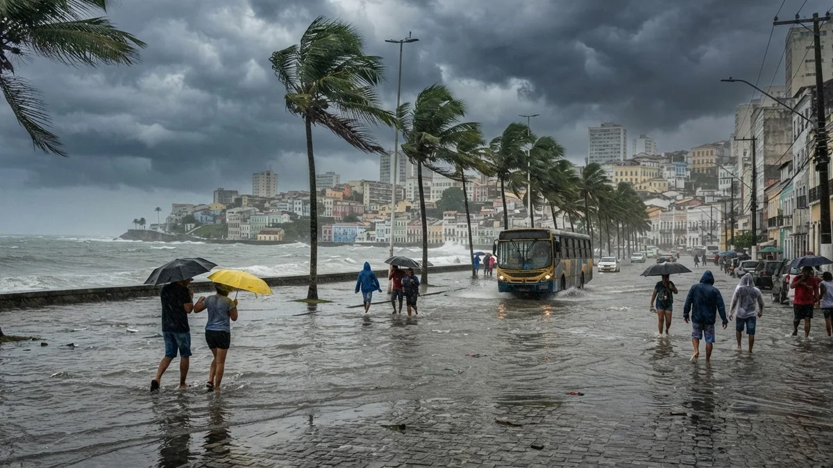 Chuva forte e vento em orla de cidade baiana (imagem ilustrativa gerada por IA)