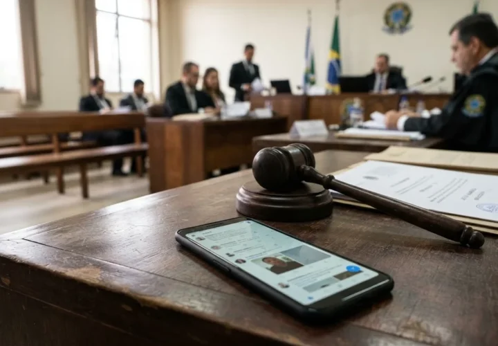 Celular sobre mesa de tribunal ao lado de martelo de juiz (imagem ilustrativa gerada por IA)