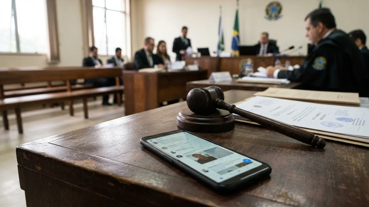 Celular sobre mesa de tribunal ao lado de martelo de juiz (imagem ilustrativa gerada por IA)