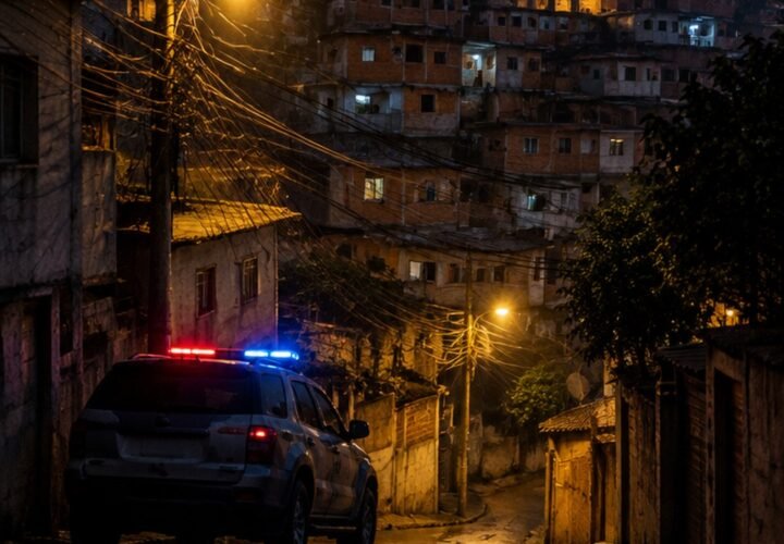Imagem ilustrativa: vista noturna de comunidade no Complexo do Alemão com viatura policial