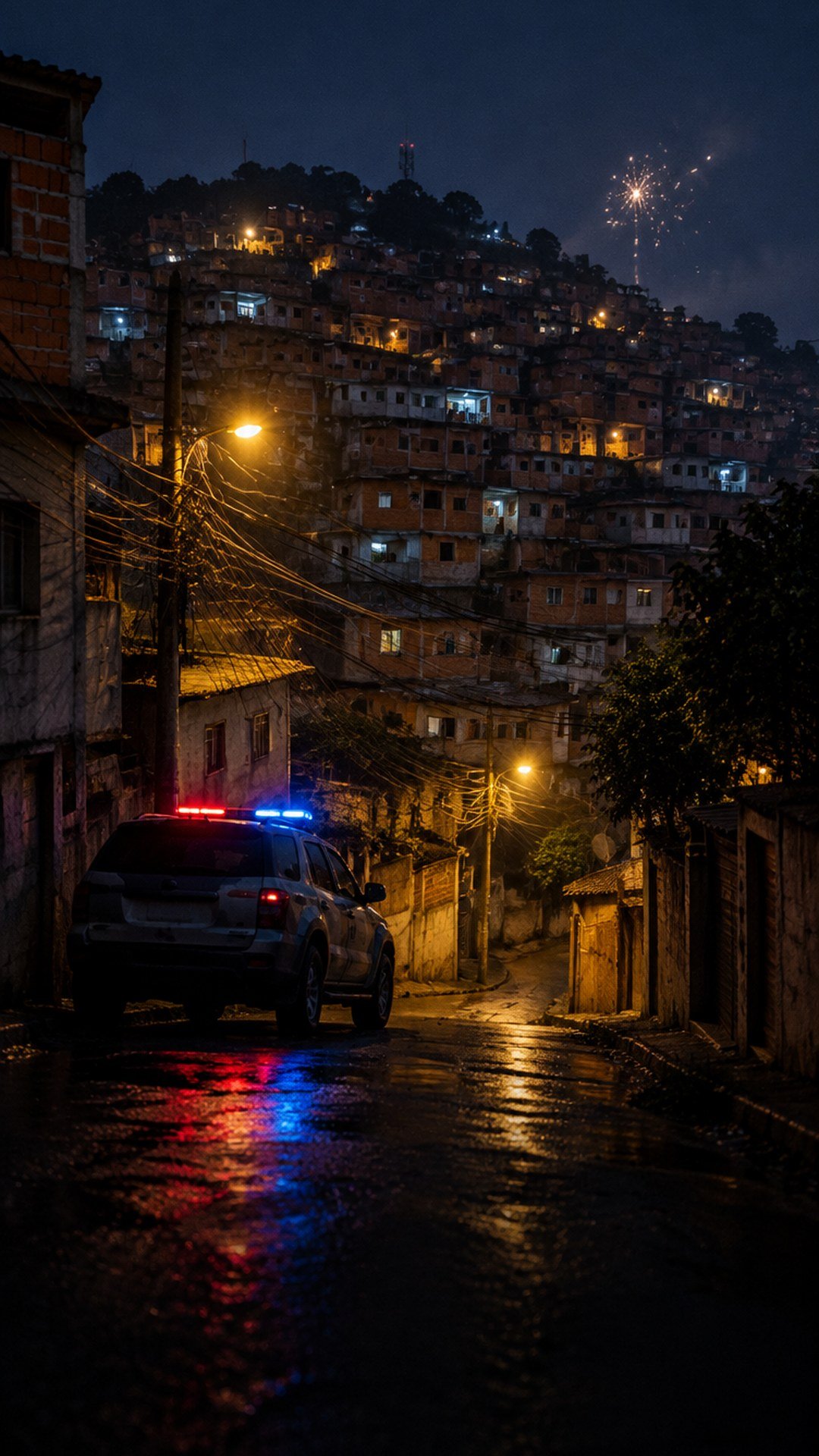 Imagem ilustrativa: vista noturna de comunidade no Complexo do Alemão com viatura policial