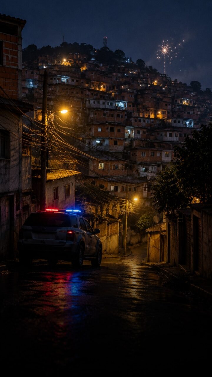 Imagem ilustrativa: vista noturna de comunidade no Complexo do Alemão com viatura policial
