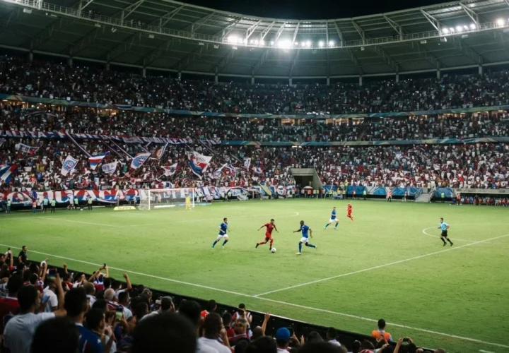 Estádio lotado em jogo noturno (imagem ilustrativa gerada por IA)